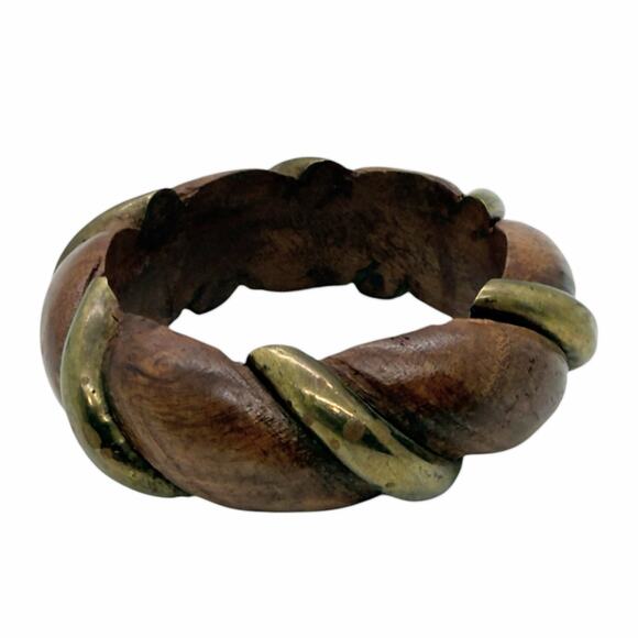 Vintage Twisted Wood and Brass Bangle Bracelet - Picture 2 of 5